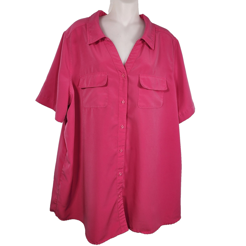 Denim & Co. Womens Button Front Soft Utility Tunic Short Sleeve Pink 2X A227885
